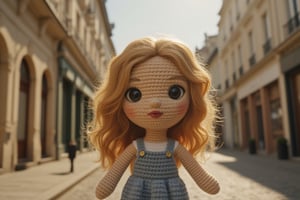 The small crocheted amigurumi simulates the image of a brunette girl with wavy blonde hair and big black eyes in the middle of a street with French architecture. The scene must feature midday light with dimmed shadows in the nostalgic atmosphere. It uses a hyperrealistic 3D style and rendering with PBR effects.