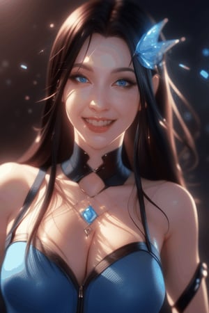 It is a photorealistic avatar powered by Codec Avatars that belongs to the Second Life metaverse and has black hair, white skin, big blue eyes with long, thick, beautiful eyelashes and a big smile. Its style is Daz studio with PBR effects.