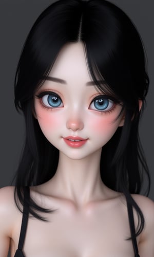 It is a photorealistic avatar powered by Codec Avatars that belongs to the Second Life metaverse and has black hair, white skin, big blue eyes with long, thick, beautiful eyelashes and a big smile. Its style is Daz studio with PBR effects.