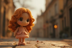 The small crocheted amigurumi simulates the image of a brunette girl with wavy blonde hair and big black eyes in the middle of a street with French architecture. The scene must feature midday light with dimmed shadows in the nostalgic atmosphere. It uses a hyperrealistic 3D style and rendering with PBR effects.