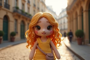 The small crocheted amigurumi simulates the image of a brunette girl with wavy blonde hair and big black eyes in the middle of a street with French architecture. The scene must feature midday light with dimmed shadows in the nostalgic atmosphere. It uses a hyperrealistic 3D style and rendering with PBR effects.