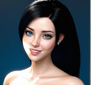 It is a photorealistic avatar powered by Codec Avatars that belongs to the Second Life metaverse and has black hair, white skin, big blue eyes with long, thick, beautiful eyelashes and a big smile. Its style is Daz studio with PBR effects.