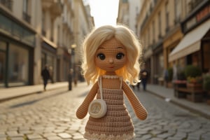 The small crocheted amigurumi simulates the image of a brunette girl with wavy blonde hair and big black eyes in the middle of a street with French architecture. The scene must feature midday light with dimmed shadows in the nostalgic atmosphere. It uses a hyperrealistic 3D style and rendering with PBR effects.