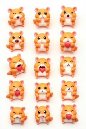 A cute hamster, orange, nine palace grid layout, different expressions and postures making a heart shape with its hands, 3D clay style, white background, 8k-s 750-nii5-style cute --ar 1:1 --v 6.1