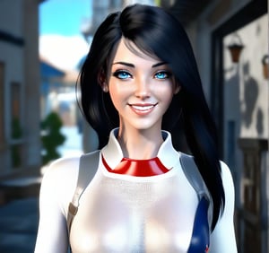 It is a photorealistic avatar powered by Codec Avatars that belongs to the Second Life metaverse and has black hair, white skin, big blue eyes with long, thick, beautiful eyelashes and a big smile. Its style is Daz studio with PBR effects.