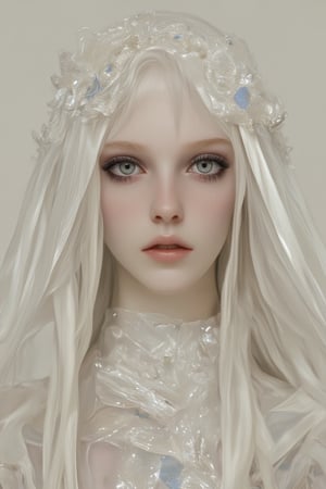 Tall woman with a sandy body who is delicate, innocent and kawaii with long, white, shiny hair. Her skin is white, pale, delicate and her blue veins are visible all over her body. Big grey eyes with long, thick, black eyelashes. The style will be hyperrealistic, rendered and with PBR effects.