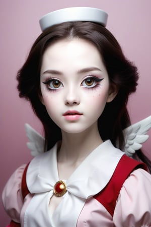 Woman with big brown doll-like eyes with long, abundant, black eyelashes. White skin with a porcelain texture, rosy cheeks, small lips with gloss. Expressive look with an angel face. She is bizarre and she is queen sakura. Use the anime style inspired by Sailor Moon and using elements that attract attention in the makeup such as the texture of the eyelashes, eyebrows and lips and mixing 3D and rendering in the image. The harmonious light component is important.