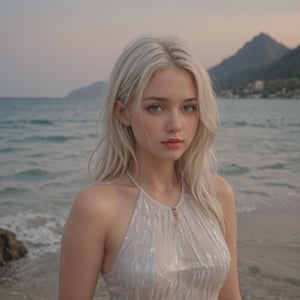 A tall, white model with wet hair and sweating in a swimsuit with crystals, her hands and face are perfect, and poses in a landscape where the sea and the mountains in the background are the center of attraction. The scene is surrounded by a radiant light and the sea breeze. The colors of the scene are striking and it focuses on a hyperrealistic style with pbr effects.