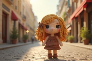 The small crocheted amigurumi simulates the image of a brunette girl with wavy blonde hair and big black eyes in the middle of a street with French architecture. The scene must feature midday light with dimmed shadows in the nostalgic atmosphere. It uses a hyperrealistic 3D style and rendering with PBR effects.