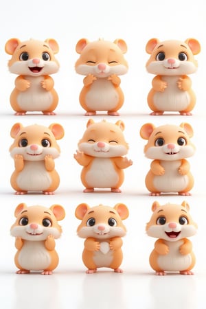 A cute hamster, orange, nine-palace grid design, different expressions and postures forming a heart shape with his hands, 3D clay style and PBR effect, white background, sharp image, 8k-s 750-nii5-style cute --ar 1:1 --v 6.1