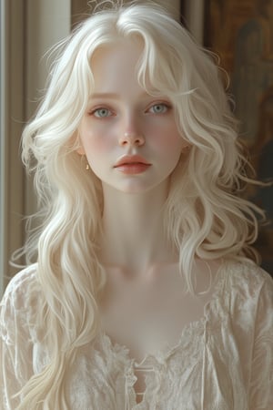 Tall woman with a sandy body who is delicate, innocent and kawaii with long, white, shiny hair. Her skin is white, pale, delicate and her blue veins are visible all over her body. Big grey eyes with long, thick, black eyelashes. The style will be hyperrealistic, rendered, PBR which are inspired by Second Life.