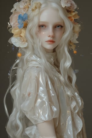 Tall woman with a sandy body who is delicate, innocent and kawaii with long, white, shiny hair. Her skin is white, pale, delicate and her blue veins are visible all over her body. Big grey eyes with long, thick, black eyelashes. The style will be hyperrealistic, rendered and with PBR effects.