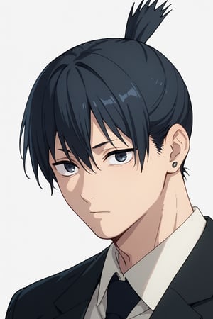 score_9, score_8_up, score_7_up, source_anime, BREAK, 1boy, male focus, solo, Aki, black hair, stud earrings, black eyes, formal, looking at viewer, portrait, simple background