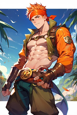 score_9, score_8_up, score_7_up, masterpiece, best quality, 1boy, male focus,Murand,Orange hair,Harness,Fingerless gloves,Turban,Cropped Jacket,Abs, muscular 