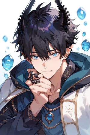 score_9, score_8_up, score_7_up, masterpiece, best quality, 1boy, male focus, ren_zotto, horns, black hair, blue eyes, pointy ears, looking at viewer