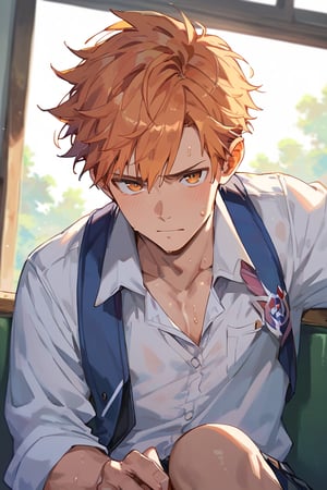 score_9, score_8_up, score_7_up, masterpiece, best quality, 1boy, male focus, looking at viewer, sweating,Murand ,orange hair, school_uniform, BREAK