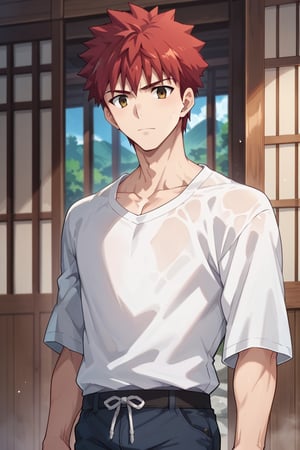 score_9,score_8_up,score_7_up,score_6_up,score_5_up,score_4_up,source_anime, masterpiece, best quality, perfect anatomy, BREAK,1boy, focus male, solo,emiya_shirou,red hair,spiked hair,brown eyes, collarbone, mature_male,japanese house, pants,shirt, teenager, looking_at_viewer