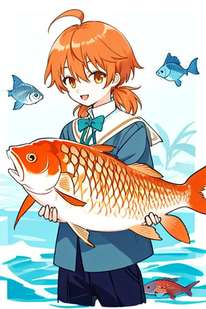 master piece,cowboy shot,young child,small breast,school uniform,koito yuu,short twin tails,ahoge,orange hair,holdind huge carp,happy,