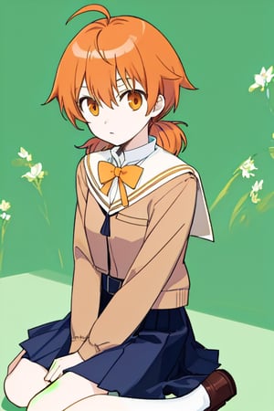 master piece,cowboy shot,young child,small breast,school uniform,koito yuu,short twin tails,ahoge,orange hair,sitting down,