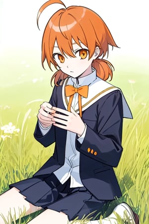 master piece,cowboy shot,young child,small breast,school uniform,koito yuu,short twin tails,ahoge,orange hair,sitting down on the field,