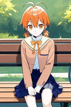 master piece,cowboy shot,young child,small breast,school uniform,koito yuu,short twin tails,ahoge,orange hair,sitting down on the bench,