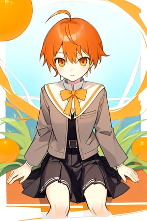 master piece,cowboy shot,young child,small breast,school uniform,koito yuu,ahoge,orange hair,sitting down,