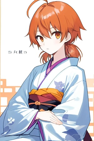 master piece,upper body shot,young child,small breast,japanese kimono,koito yuu,short twin tails,ahoge,orange hair,sitting down,