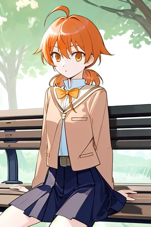 master piece,cowboy shot,young child,small breast,school uniform,koito yuu,short twin tails,ahoge,orange hair,sitting down on the bench,