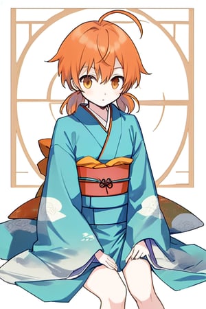 master piece,cowboy shot,young child,small breast,japanese kimono,koito yuu,short twin tails,ahoge,orange hair,sitting down,