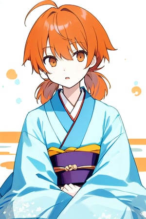 master piece,upper body shot,young child,small breast,japanese kimono,koito yuu,short twin tails,ahoge,orange hair,sitting down,