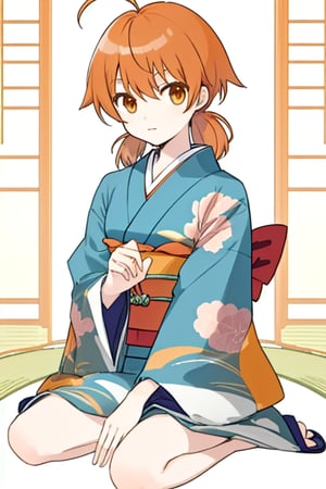 master piece,cowboy shot,young child,small breast,japanese kimono,koito yuu,short twin tails,ahoge,orange hair,sitting down,