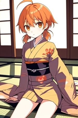 master piece,cowboy shot,young child,small breast,japanese kimono,koito yuu,short twin tails,ahoge,orange hair,sitting down,