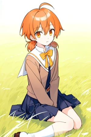 master piece,cowboy shot,young child,small breast,school uniform,koito yuu,short twin tails,ahoge,orange hair,sitting down on the field,