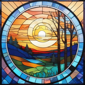 sunset in the forest, colorful, Stained glass style, circle form, hand draw, cartoon style with big black outlines, art with Stained glass style, patchwork, details, complex background