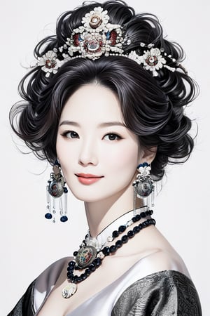 A potrait of breathtakingly glamorous 40 years old korean woman with intricate facial features emanating mesmerizing beauty adorned with intrique stone necklace and royal head ornament with Korean Hanbok, feminine, wavy hair, shoulder length hair, ek_art_b00ster, absurdres, bright large eyes, ulzzang, flat chest, very wide waist, big shoulder, big arms, monocrhome, greyscale, pencil sketch, classic art, charcoal rendering, high contrast, maximum blackness, straight to viewer pose, potrait pose, 