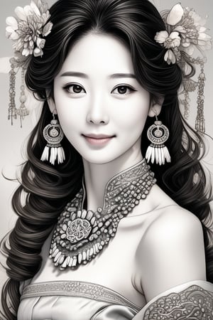 Prompt: a potrait of breathtakingly glamorous 40 years old korean woman with intricate facial features emanating mesmerizing beauty adorned with necklace and head ornament, closed dress, feminine, wavy hair, shoulder length hair, ek_art_b00ster, absurdres, bright large eyes, ulzzang, flat chest, very wide waist, big shoulder, big arms, monochome, greyscale, pencil sketch, (charcoal rendering:1.4),