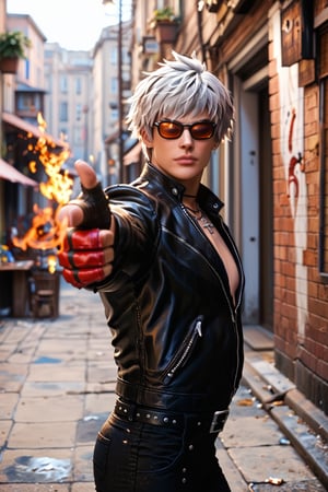 Score_9, score_8_up, score_7_up, score_6_up, 

1boy, k_kof, gray hair, blue eyes, (black  closed leather jacket:1.4), black leather long pants, necklace, belt, red single glove, single fingerless glove, black shoes, dark brown sunglasses. 

Elegantly standing pose, blazing fire covered his hands while doing  standing finger gun pose. 

Background is in front of alley behind a rundown tall apartment with rustic color theme. 

RAW, looking at viewer, Full body shoot, side view, Extremely Realistic, ultra detail, finger gun, pointing at viewer