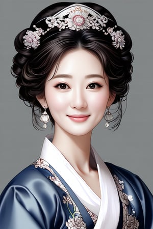 Prompt: a potrait of breathtakingly glamorous 40 years old korean woman with intricate facial features emanating mesmerizing beauty adorned with necklace and head ornament, (korea hanbok:1.4), feminine, slightly wavy hair, shoulder length hair, ek_art_b00ster, absurdres, bright large eyes, ulzzang, flat chest, very wide waist, big shoulder, big arms, monochome, greyscale, pencil sketch, (charcoal rendering:1.4),