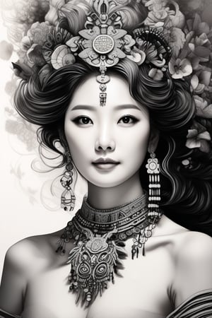 Prompt: a potrait of breathtakingly glamorous 40 years old korean woman with intricate facial features emanating mesmerizing beauty adorned with necklace and head ornament, feminine, wavy hair, shoulder length hair, ek_art_b00ster, absurdres, bright large eyes, ulzzang, flat chest, very wide waist, big shoulder, big arms, monochome, greyscale, pencil sketch, charcoal rendering,