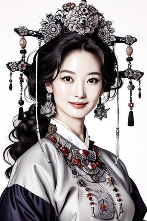 A potrait of breathtakingly glamorous 40 years old korean woman with intricate facial features emanating mesmerizing beauty adorned with intrique stone necklace and royal head ornament with Korean Hanbok, feminine, wavy hair, shoulder length hair, ek_art_b00ster, absurdres, bright large eyes, ulzzang, flat chest, very wide waist, big shoulder, big arms, monocrhome, greyscale, pencil sketch, classic art, charcoal rendering, high contrast, maximum blackness, straight to viewer pose, potrait pose, 