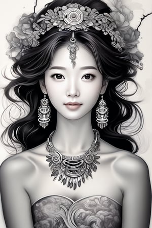 Prompt: a potrait of breathtakingly glamorous 40 years old korean woman with intricate facial features emanating mesmerizing beauty adorned with necklace and head ornament, closed dress, feminine, wavy hair, shoulder length hair, ek_art_b00ster, absurdres, bright large eyes, ulzzang, flat chest, very wide waist, big shoulder, big arms, monochome, greyscale, pencil sketch, (charcoal rendering:1.4),