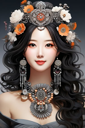 Prompt: a potrait of breathtakingly glamorous 40 years old korean woman with intricate facial features emanating mesmerizing beauty adorned with necklace and head ornament, feminine, wavy hair, shoulder length hair, ek_art_b00ster, absurdres, bright large eyes, ulzzang, flat chest, very wide waist, big shoulder, big arms, monochome, greyscale, pencil sketch, charcoal rendering,