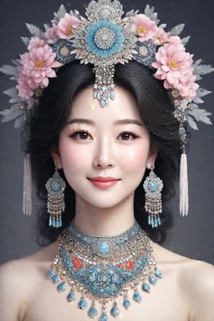 Prompt: a potrait of breathtakingly glamorous 40 years old korean woman with intricate facial features emanating mesmerizing beauty adorned with necklace and head ornament, feminine, wavy hair, shoulder length hair, ek_art_b00ster, absurdres, bright large eyes, ulzzang, beautiful fatty, flat chest, very wide waist, big shoulder, big arms, monochome, greyscale, pencil sketch, charcoal rendering,