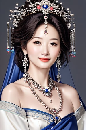 A potrait of breathtakingly glamorous 40 years old korean woman with intricate facial features emanating mesmerizing beauty adorned with intrique stone necklace and royal head ornament, hanbok, feminine, wavy hair, shoulder length hair, ek_art_b00ster, absurdres, bright large eyes, ulzzang, flat chest, very wide waist, big shoulder, big arms, monochome, greyscale, 2B_pencil sketch, charcoal rendering, 