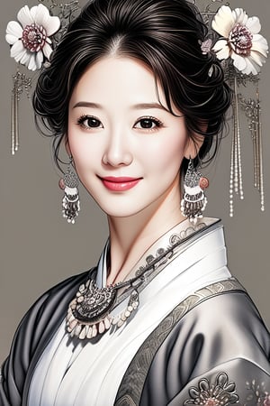 Prompt: a potrait of breathtakingly glamorous 40 years old korean woman with intricate facial features emanating mesmerizing beauty adorned with necklace and head ornament, (elegant korea hanbok:1.4), feminine, slightly wavy hair, shoulder length hair, ek_art_b00ster, absurdres, bright large eyes, ulzzang, flat chest, very wide waist, big shoulder, big arms, monochome, greyscale, pencil sketch, (charcoal rendering:1.4),