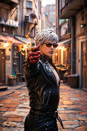 Score_9, score_8_up, score_7_up, score_6_up, 

1boy, k_kof, gray hair, blue eyes, (black  closed leather jacket:1.4), black leather long pants, necklace, belt, red single glove, single fingerless glove, black shoes, dark brown sunglasses. 

Elegantly standing pose, blazing fire covered his hands while doing  standing finger gun pose. 

Background is in front of alley behind a rundown tall apartment with rustic color theme. 

RAW, looking at viewer, Full body shot, long shot, from head to toe shot, Extremely Realistic, ultra detail, finger gun, pointing at viewer