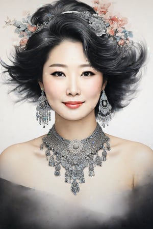 Prompt: a potrait of breathtakingly glamorous 40 years old korean woman with intricate facial features emanating mesmerizing beauty adorned with necklace and head ornament, feminine, wavy hair, shoulder length hair, ek_art_b00ster, absurdres, bright large eyes, ulzzang, beautiful fatty, flat chest, very wide waist, big shoulder, big arms, monochome, greyscale, pencil sketch, charcoal rendering,