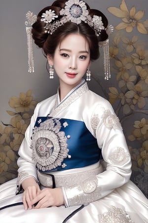 a portrait of breathtakingly glamorous 40 years old korean woman with intricate facial features emanating mesmerizing beauty adorned with necklace and head ornament, (highly detailed pearl satin korea hanbok:1.4), feminine, slightly wavy hair, shoulder length hair, ek_art_b00ster, absurdres, bright large eyes, ulzzang, flat chest, very wide waist, big shoulder, big arms, short neck, monochome, greyscale, pencil sketch, (charcoal rendering:1.4), Asian Girl