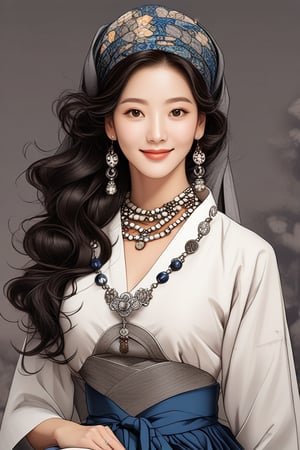 A potrait of breathtakingly glamorous 40 years old korean woman with intricate facial features emanating mesmerizing beauty adorned with intrique stone necklace and closed hijab, Korean hanbok, feminine, wavy hair, shoulder length hair, ek_art_b00ster, absurdres, bright large eyes, ulzzang, flat chest, very wide waist, big shoulder, big arms, monochome, greyscale, 2B_pencil sketch, charcoal rendering, 