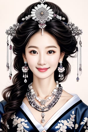 A potrait of breathtakingly glamorous 40 years old korean woman with intricate facial features emanating mesmerizing beauty adorned with intrique stone necklace and royal head ornament, hanbok, feminine, wavy hair, shoulder length hair, ek_art_b00ster, absurdres, bright large eyes, ulzzang, flat chest, very wide waist, big shoulder, big arms, monochome, greyscale, 2B_pencil sketch, charcoal rendering, 